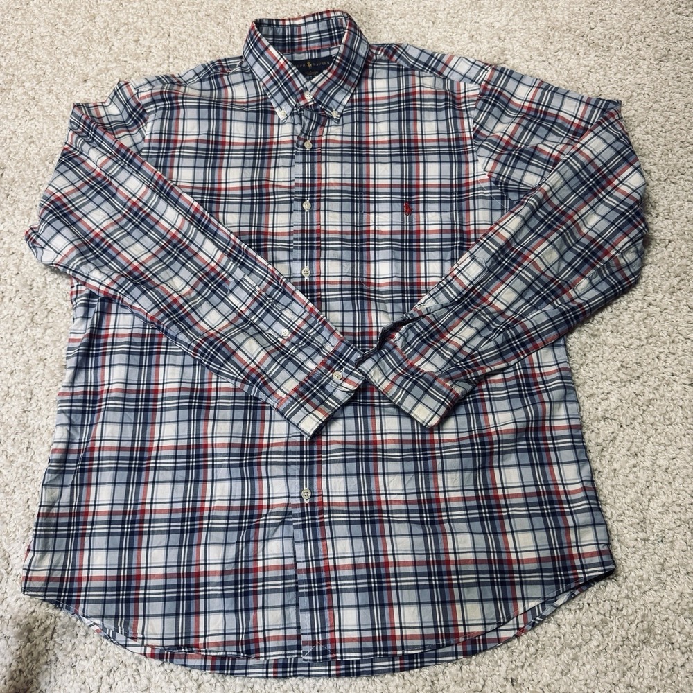 Polo Ralph Lauren Shirt XL Blue Red Plaid Long Sleeve 100% Cotton
